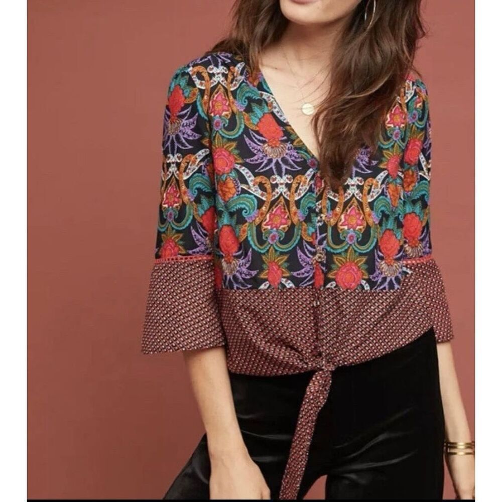 NWOT Anthropologie Maeve Carter Tie Front Button Blouse Women's Size 8US